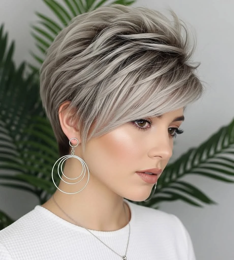 Ash Blonde Layered Pixie with Side Swept Bang