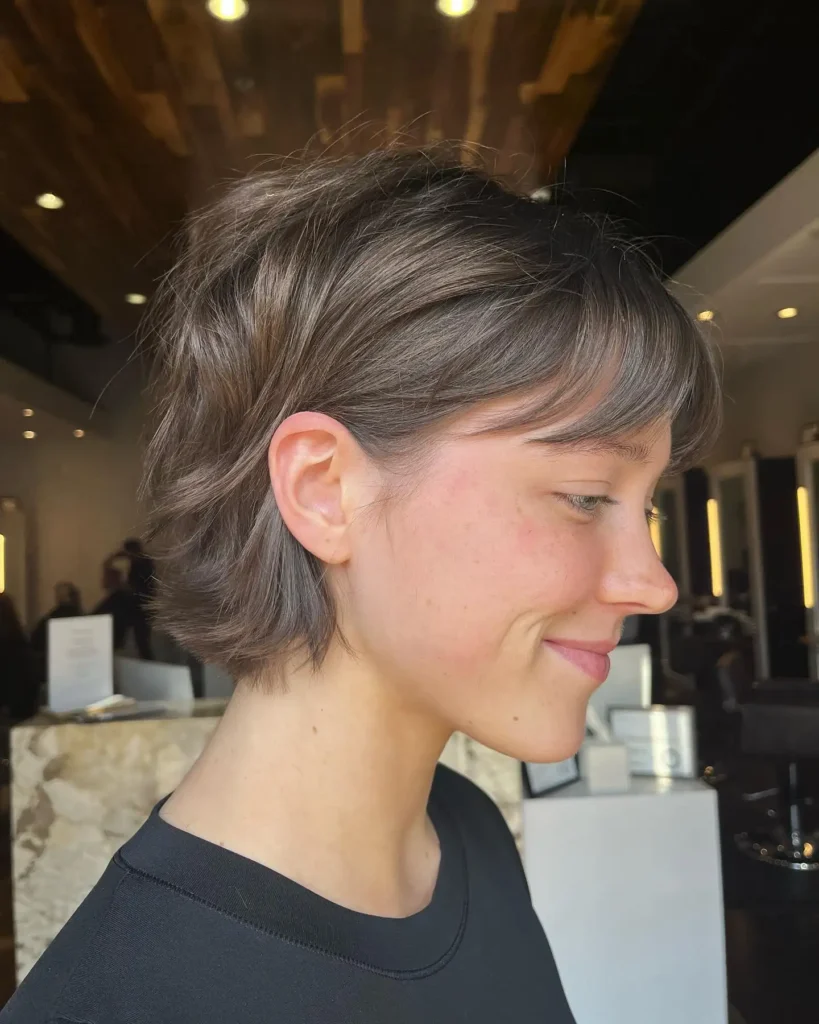 Ash Brown Bixie with Soft Fringe and Clean Neckline