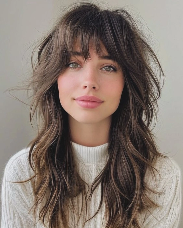 Ash Brown Feathered Shag with Wispy Fringe