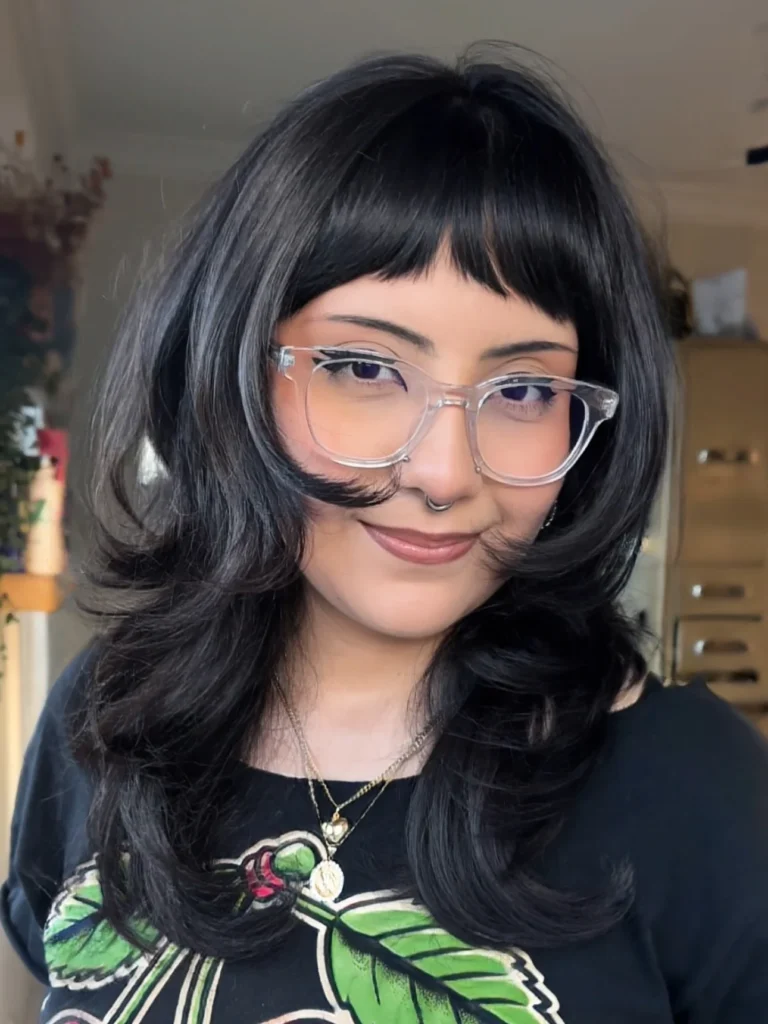 Black Shag with Flipped Layers and Blunt Fringe