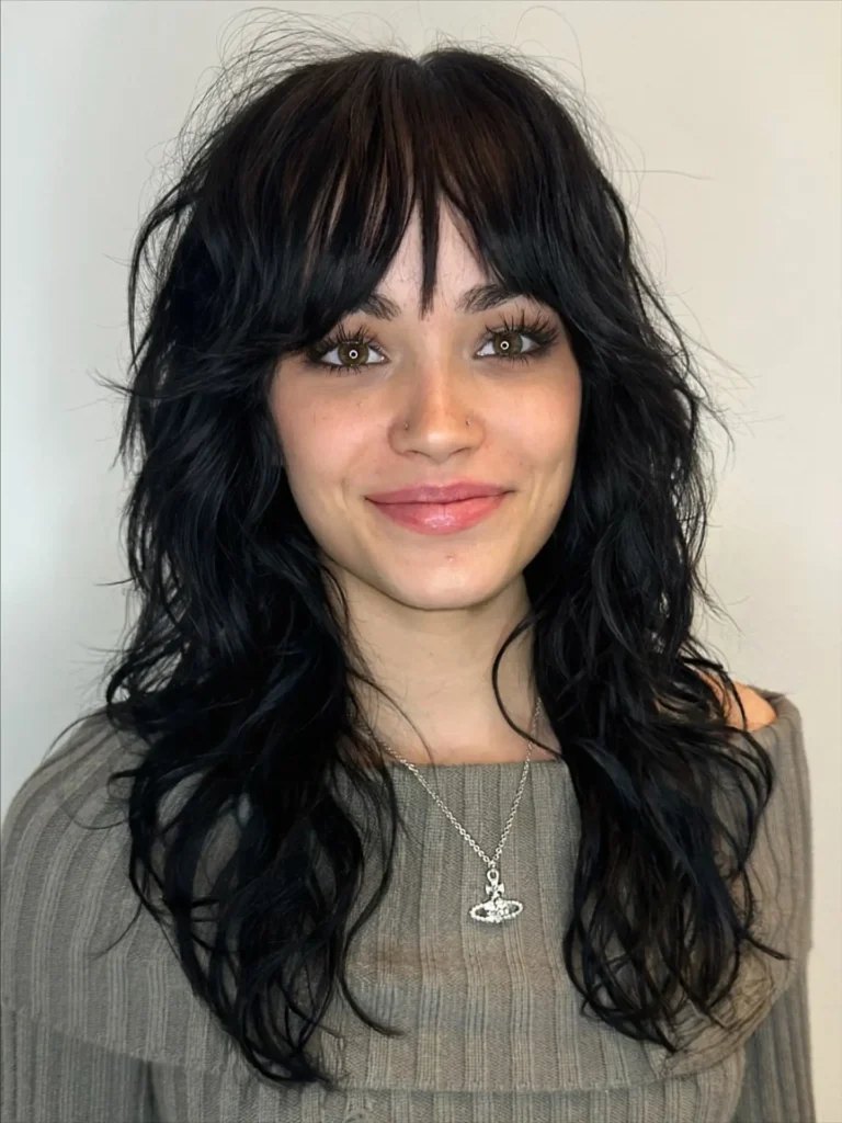 Black Wavy Shag with Full Fringe and Face-Framing Layers