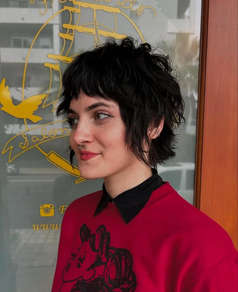 Black Wavy Shaggy Bixie with Blunt Micro Fringe