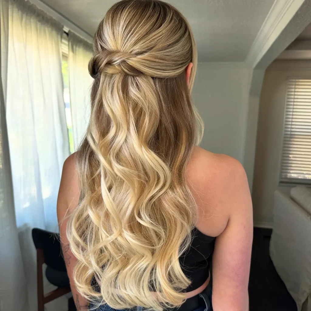 Blonde Balayage Half Up Twist with Long Waves