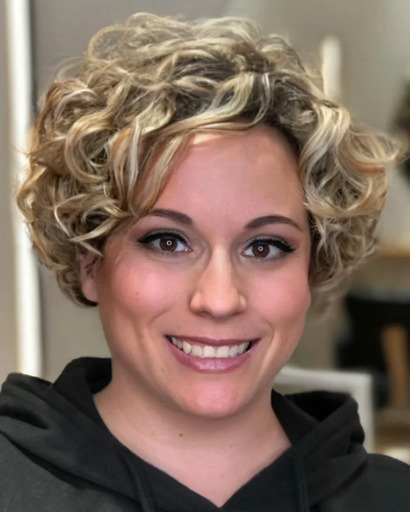 Blonde Highlighted Curly Pixie with Full Bouncy Ringlets