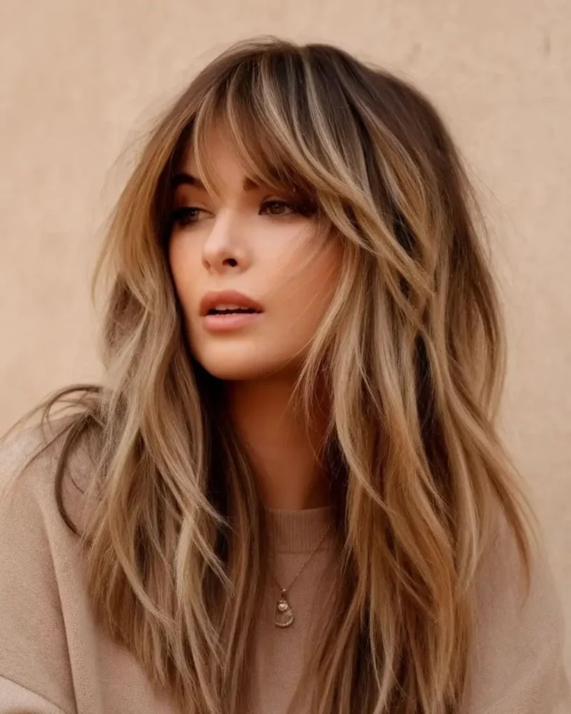 Blonde Highlighted Long Shag with Curtain Bangs