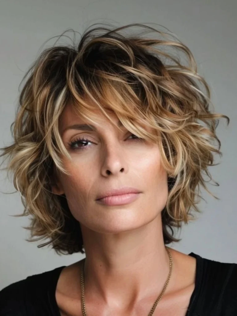 Blonde Highlighted Shag with Voluminous Waves and Curtain Bangs