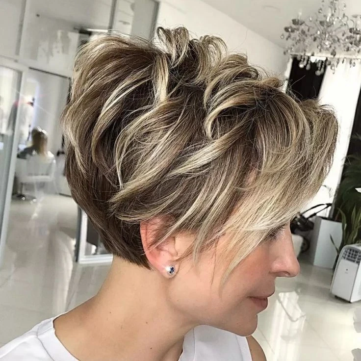 Brown Base Pixie with Chunky Blonde Balayage Waves