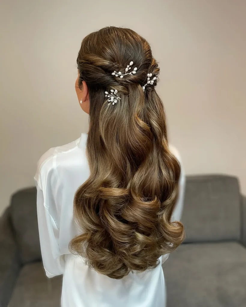 Brunette Half Up Twist with Pearl Sprig Hair Pins