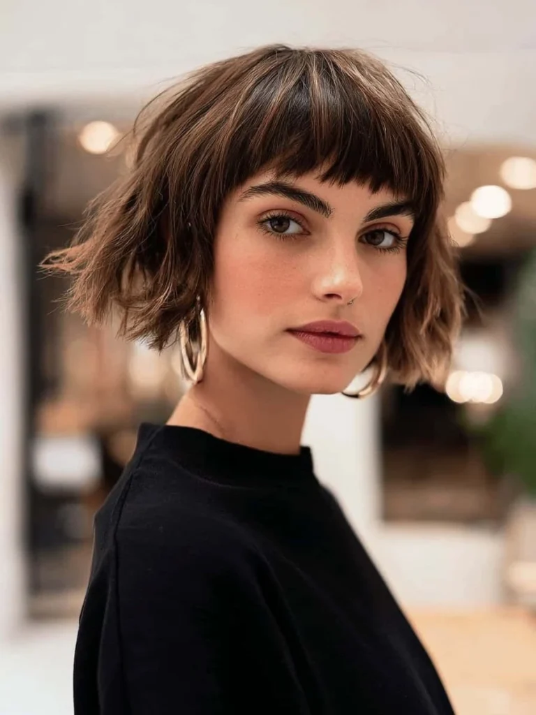 Brunette Wavy Pixie Bob with Blunt Micro Fringe
