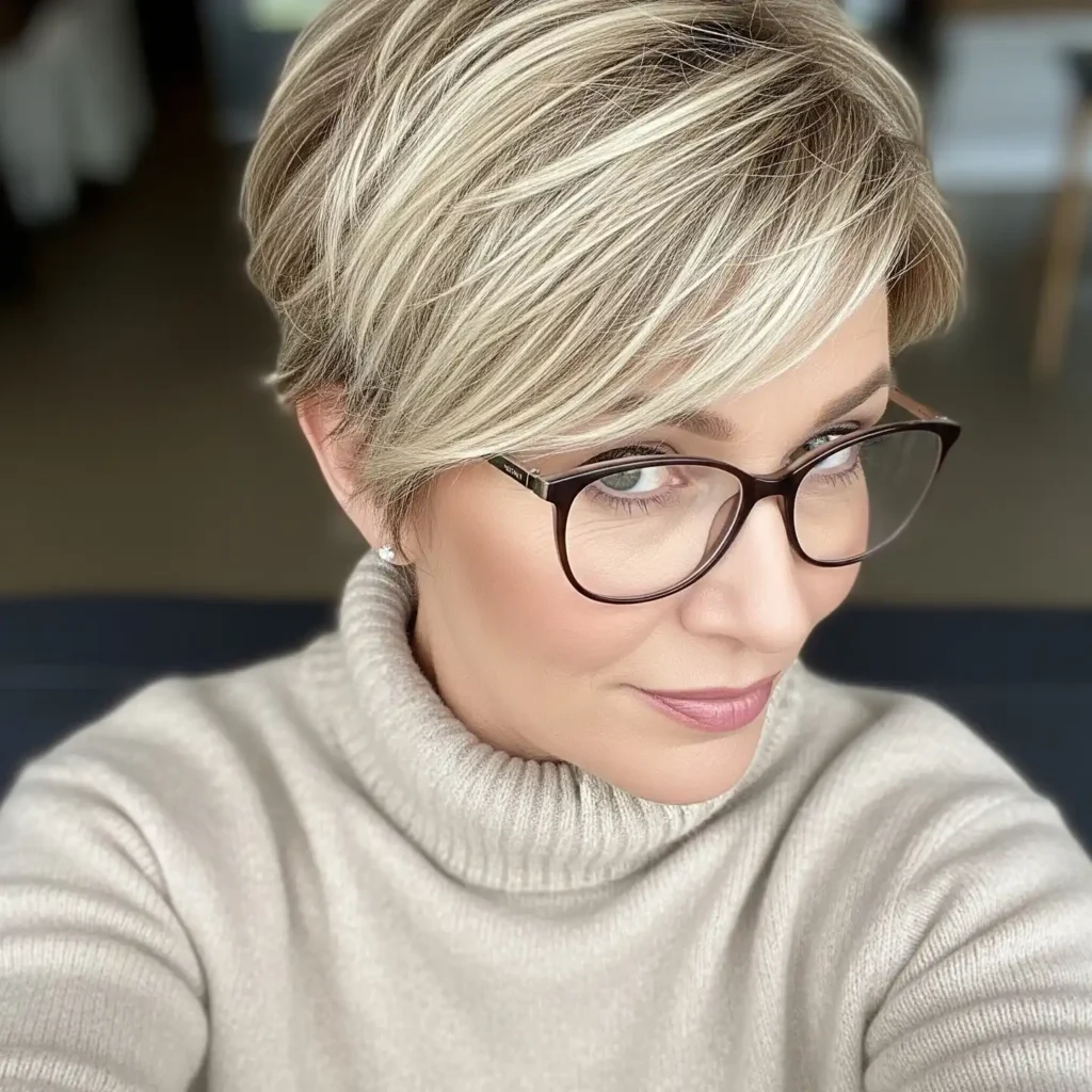 Champagne Blonde Highlighted Pixie with Deep Side Part