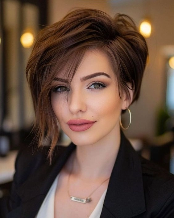 Chestnut Brown Long Pixie with Asymmetrical Bang