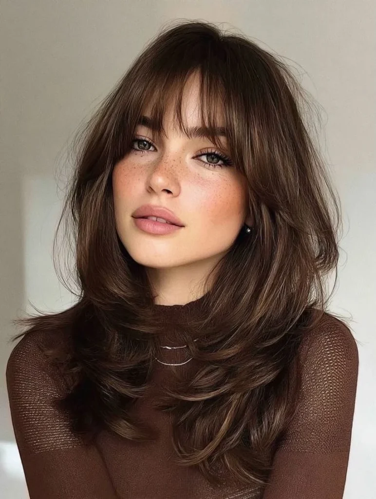 Chocolate Brown Layered Shag with Wispy Bangs
