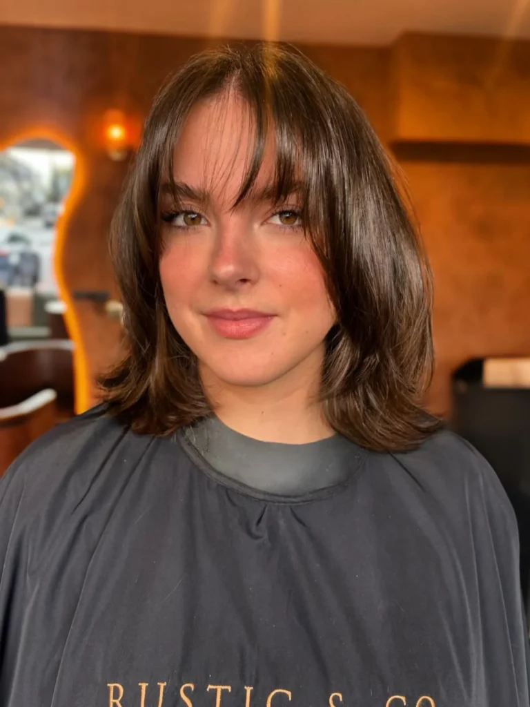 Chocolate Brown Long Bixie with Curtain Fringe and Flipped Ends