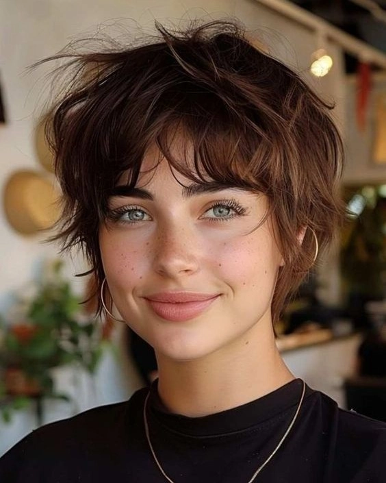 Chocolate Brown Shaggy Bixie with Wispy Bangs