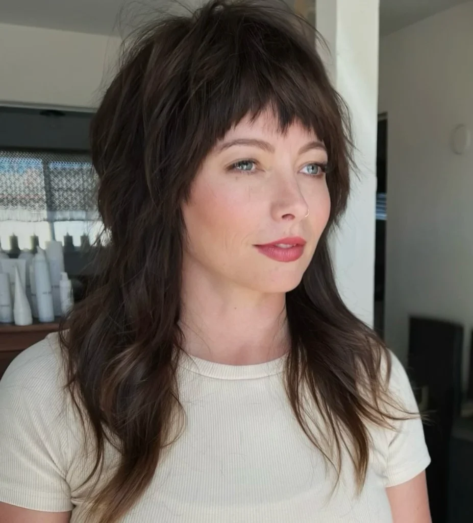 Classic Dark Brown Mullet Shag with Choppy Fringe