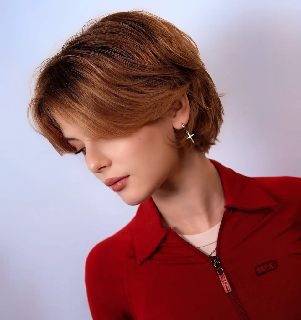 Copper Auburn Sleek Pixie Bob with Sweeping Layers