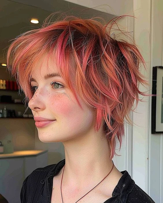 Coral Pink and Auburn Shaggy Pixie Mullet with Wispy Fringe