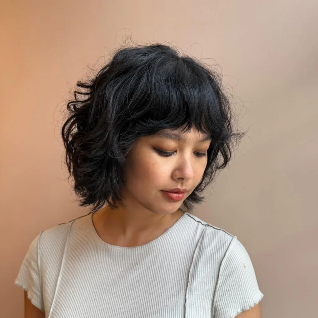 Curly Black Shag with Micro Bangs