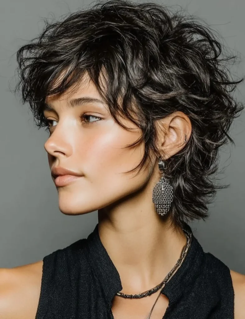 Curly Dark Pixie Mullet with Voluminous Crown