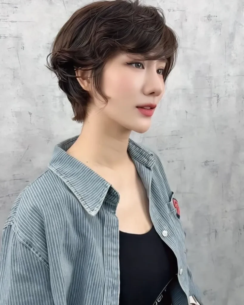 Dark Ash Brown Korean-Style Wavy Pixie with Soft Volume