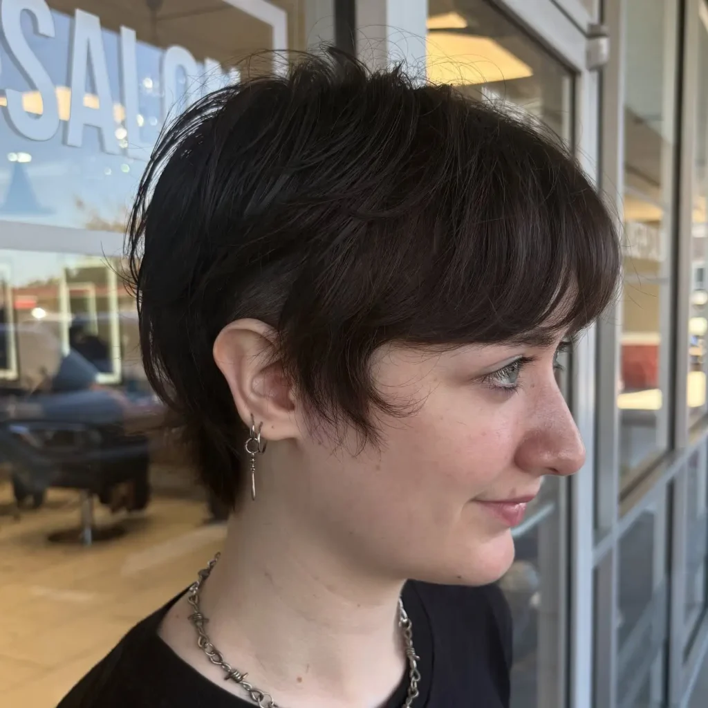 Dark Brown Bixie with Shaved Sides and Lifted Crown
