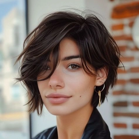 Dark Brown Bixie with Side-Swept Layers