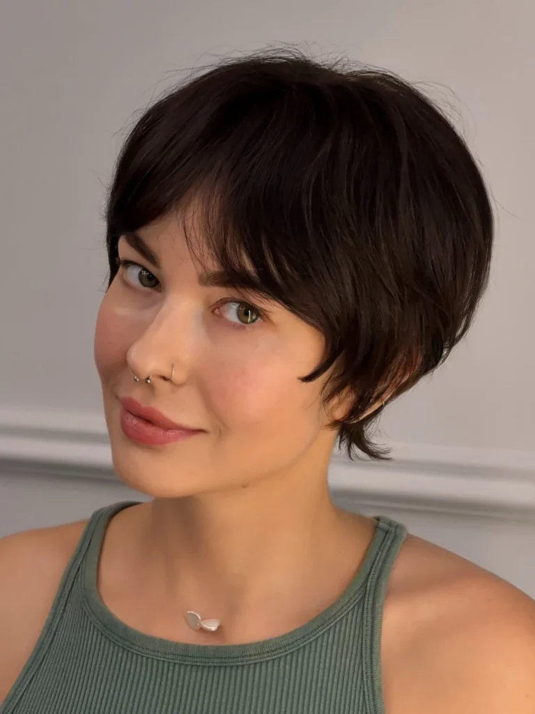 Dark Brown Bowl Cut Pixie with Wispy Fringe