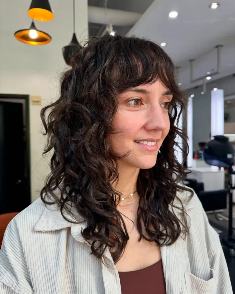 Dark Brown Curly Shag with Curtain Bangs and Spiral Ends