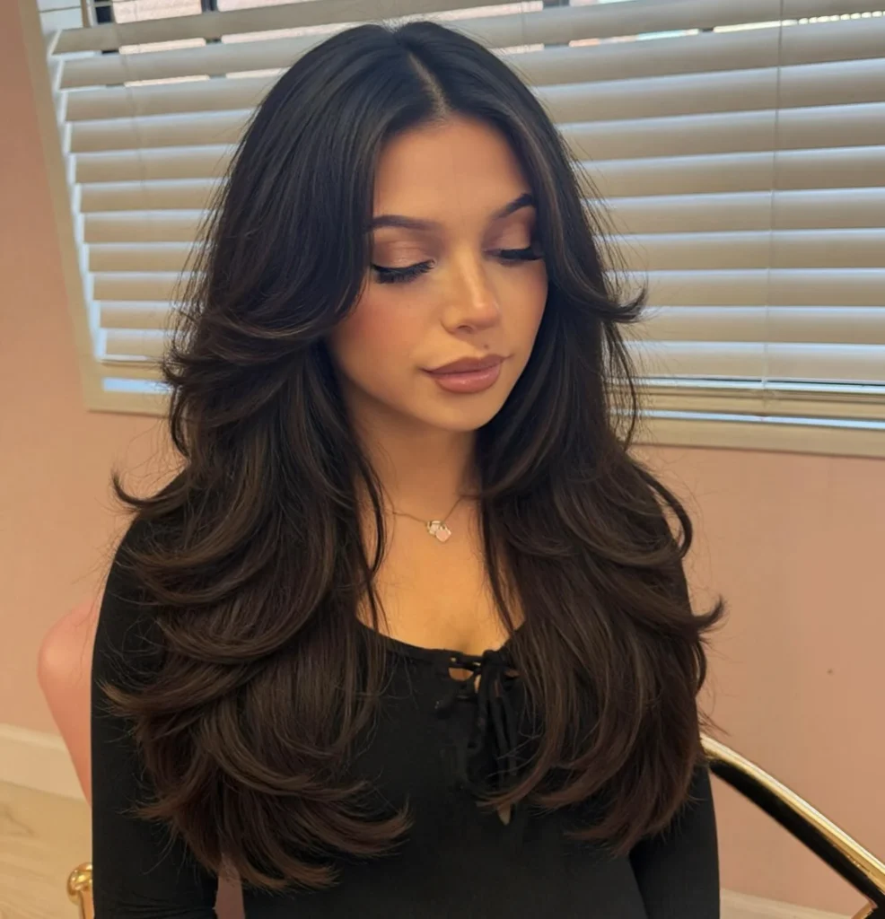 Dark Brown Feathered Layers with Flicked Ends