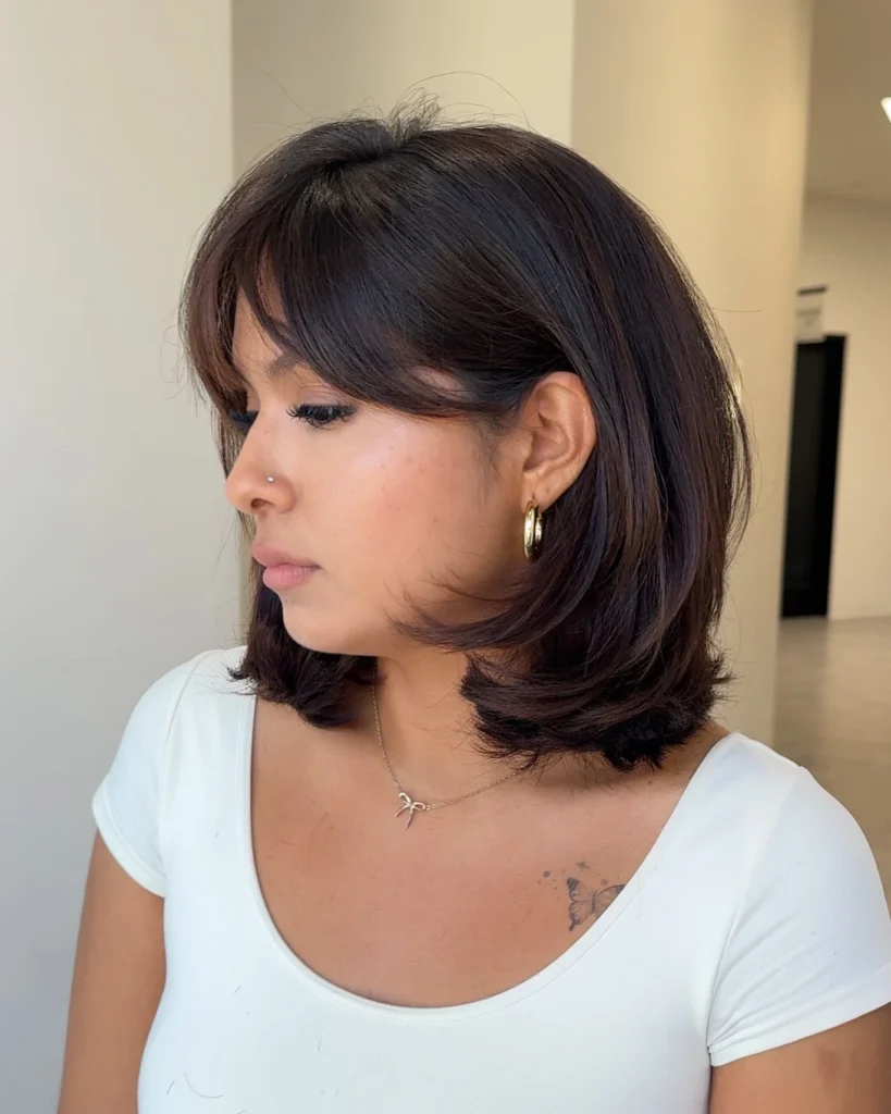 Dark Brown Layered Bob with Curtain Bangs