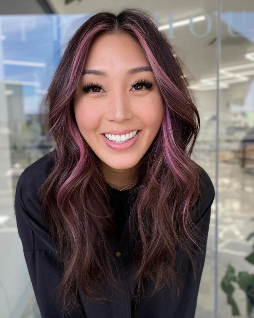 Dark Brown Layered Waves with Pink Money Piece