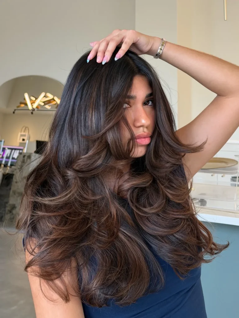 Dark Brown Long Layers with Cascading Curled Tiers