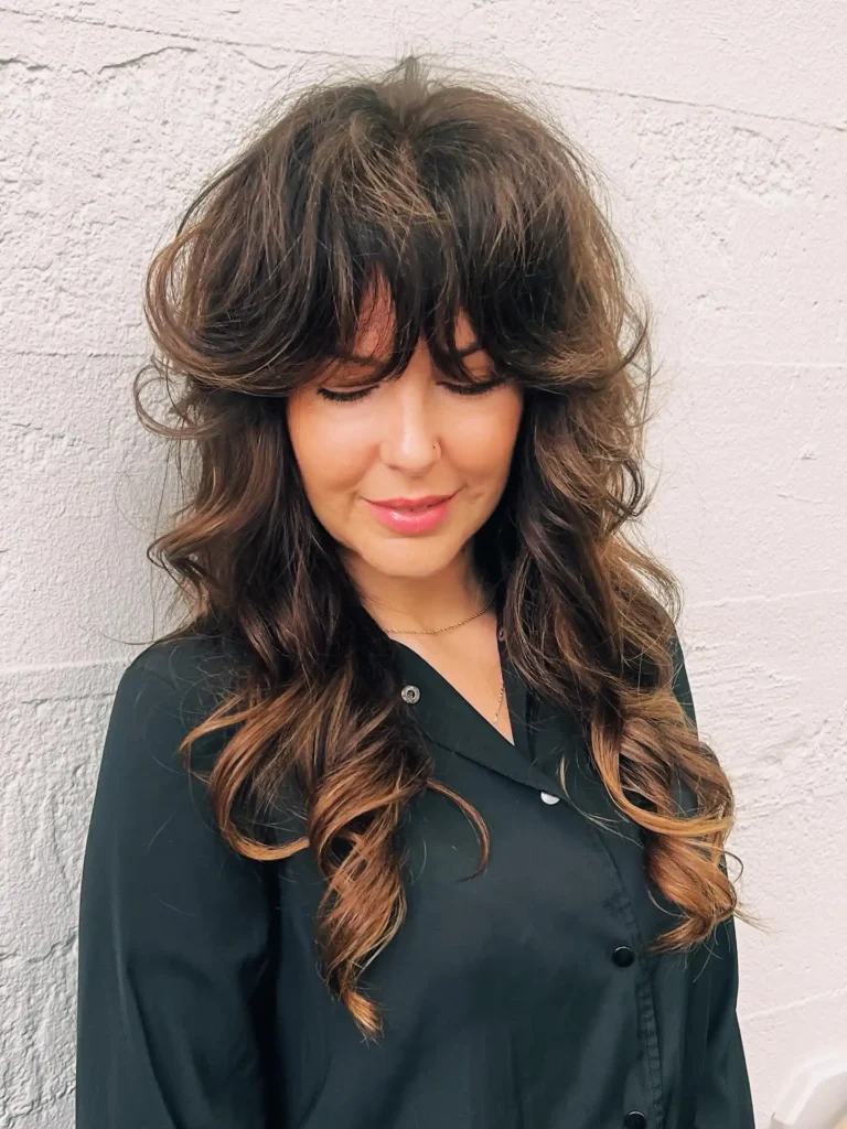 Dark Brown Ombre Shag with Caramel Ends and Voluminous Fringe