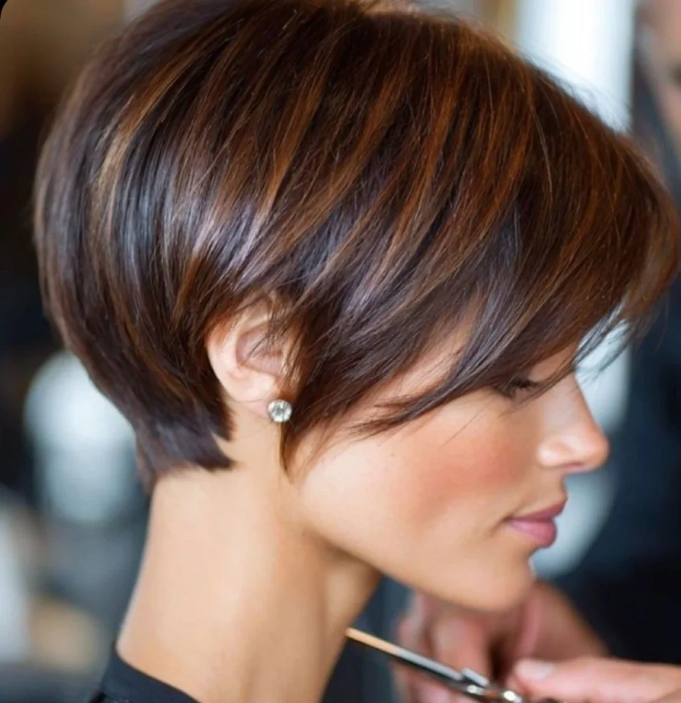 Dark Brown Pixie Bob with Copper Balayage Highlights