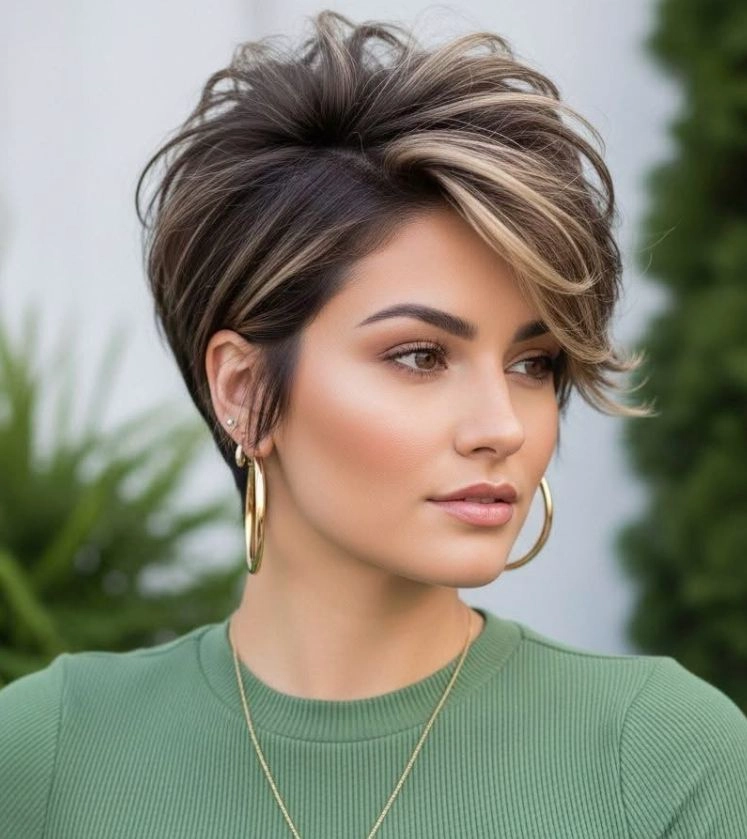 Dark Brown Pixie with Bold Blonde Money Piece Highlights