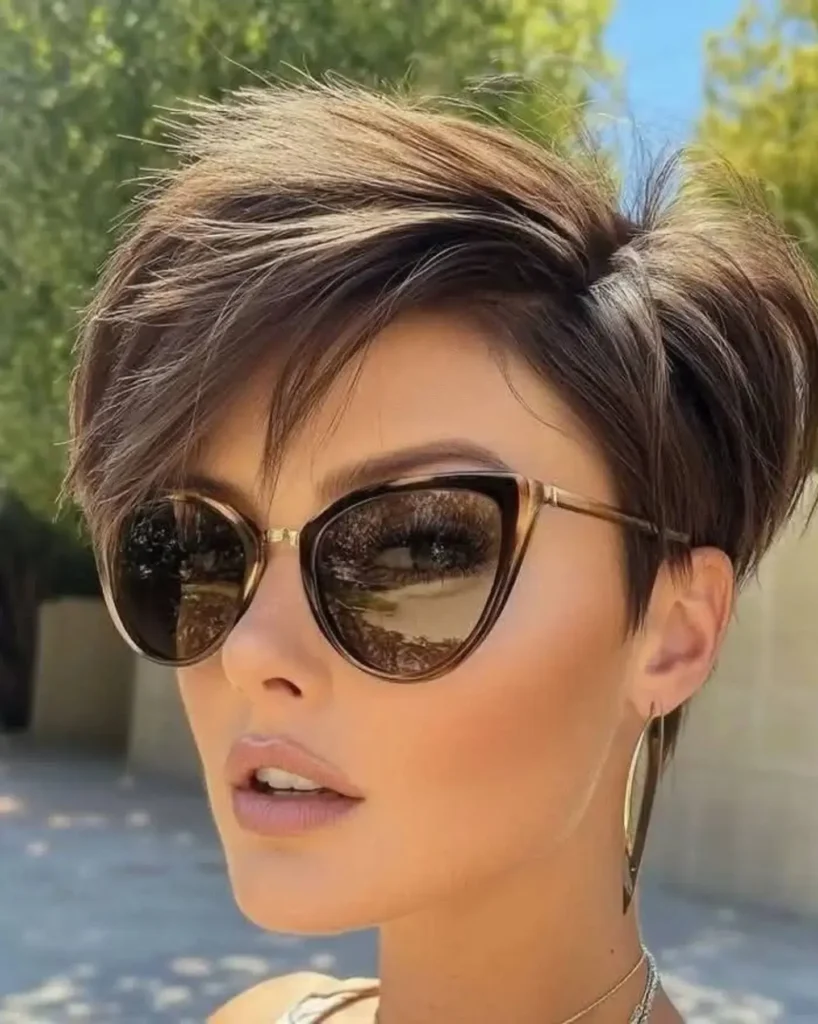 Dark Brown Pixie with Caramel Crown Highlights and Long Bang