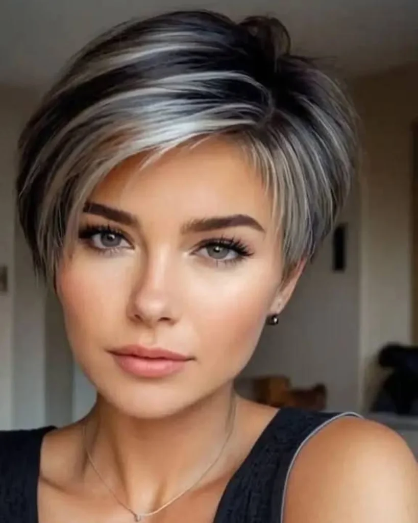 Dark Brown Pixie with Silver Gray Face-Framing Highlights