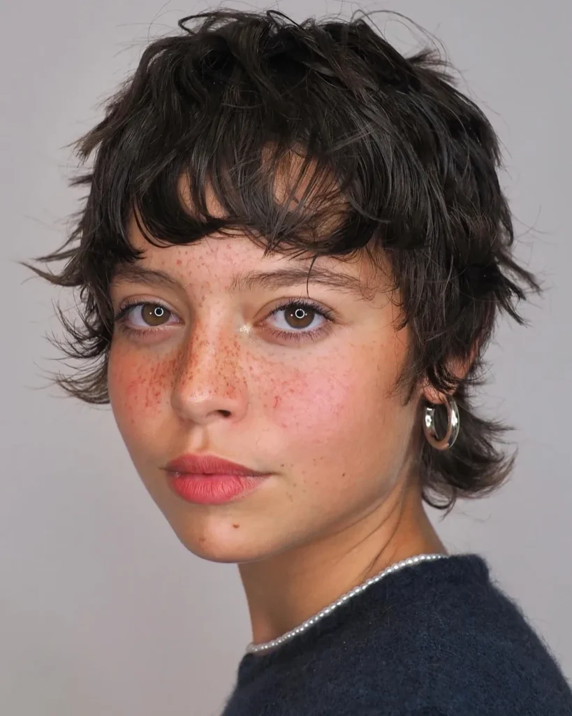 Dark Brown Shaggy Pixie with Feathered Ends and Wispy Fringe