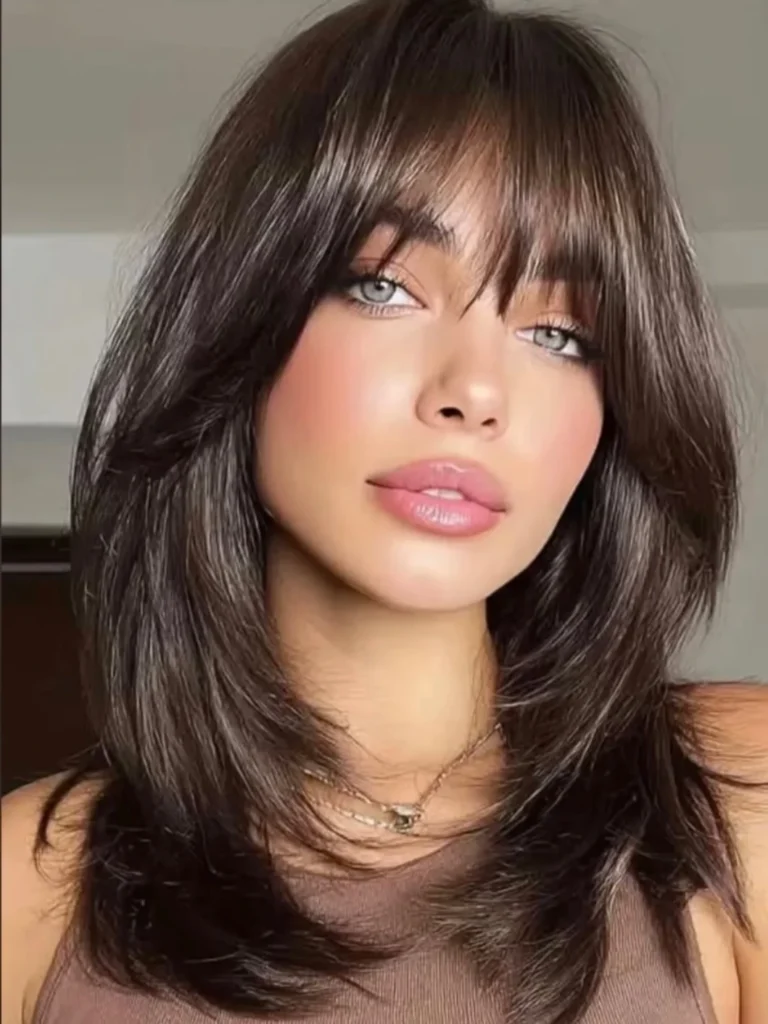 Dark Brown Straight Layered Shag with Full Fringe Bangs
