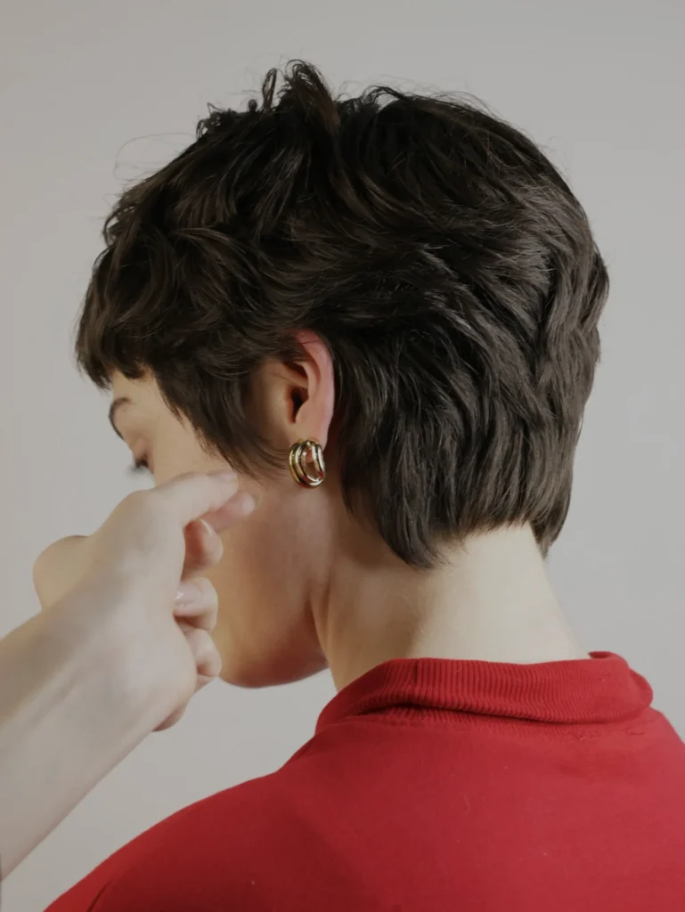 Dark Brown Textured Pixie with Stacked Nape and Natural Wave