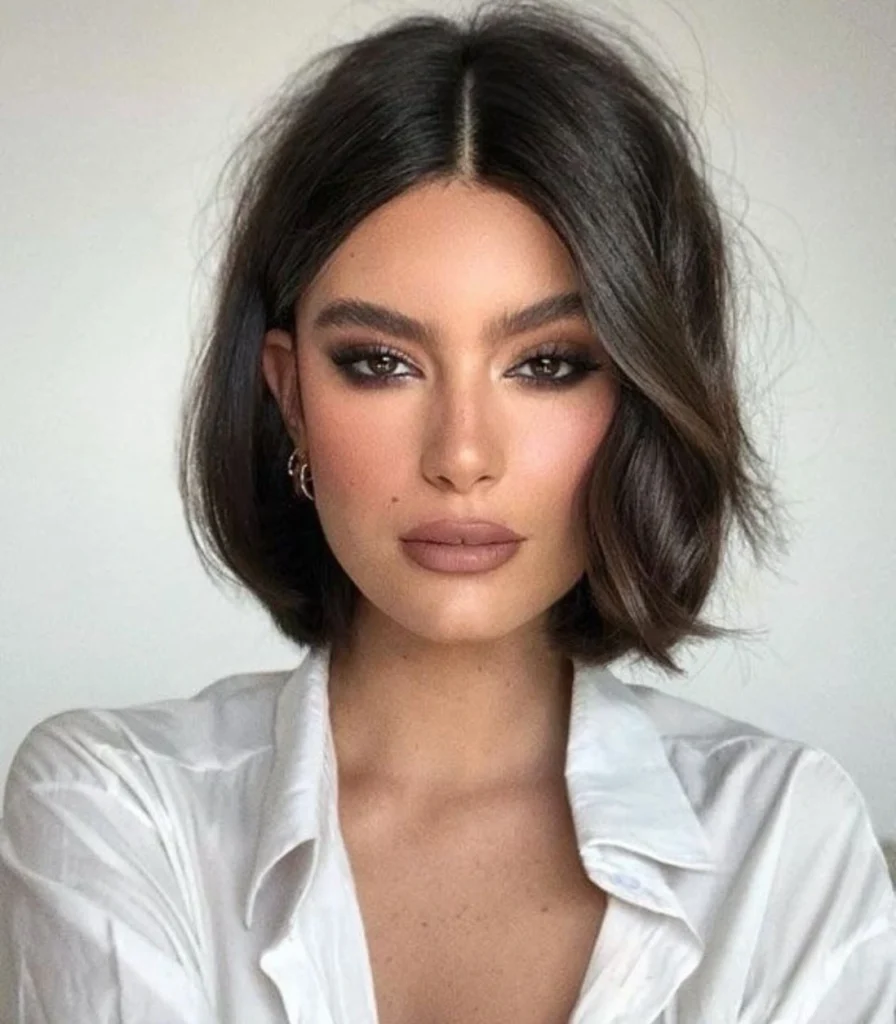 Dark Brown Tousled Bob with Center Part