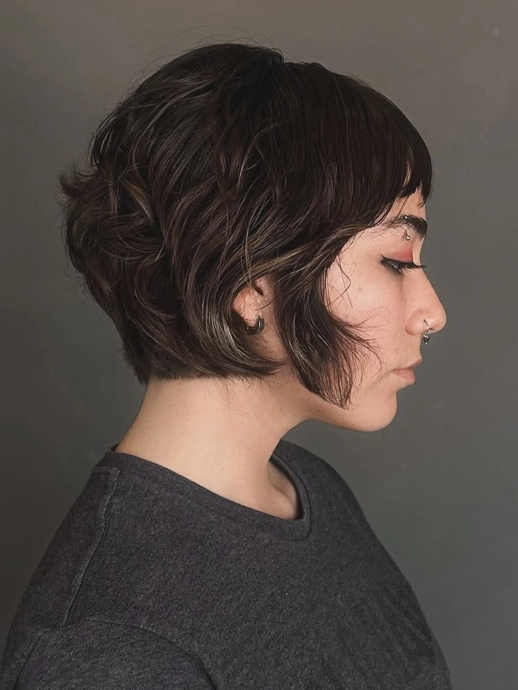 Dark Brown Wavy Bixie with Stacked Back and Micro Fringe