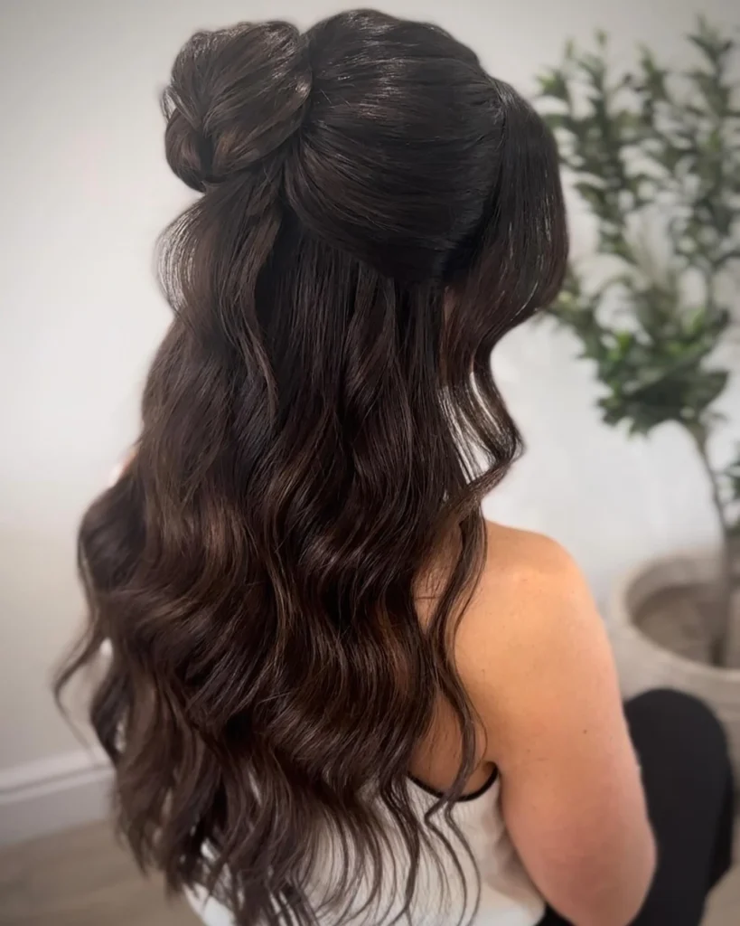 Dark Brunette Half Up Bun with Flowing Waves