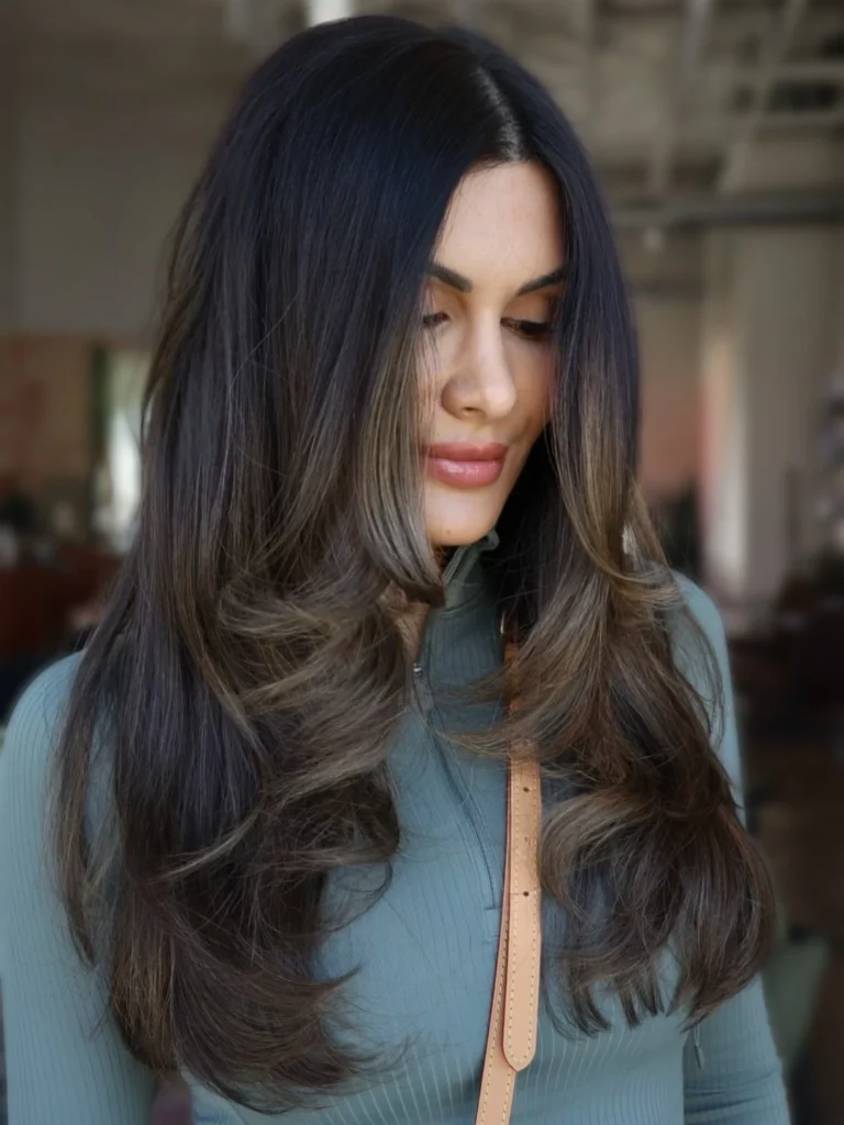 Dark Brunette Long Layers with Subtle Mocha Balayage