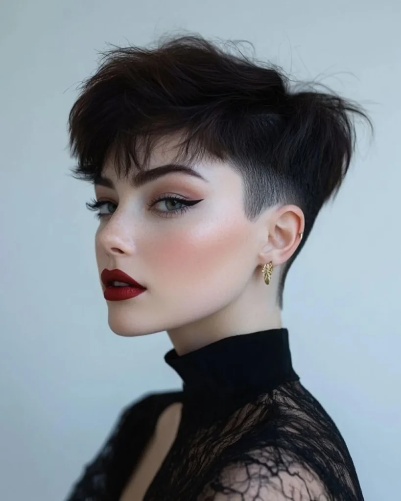 Dark Brunette Textured Pixie with Shaved Temple Undercut