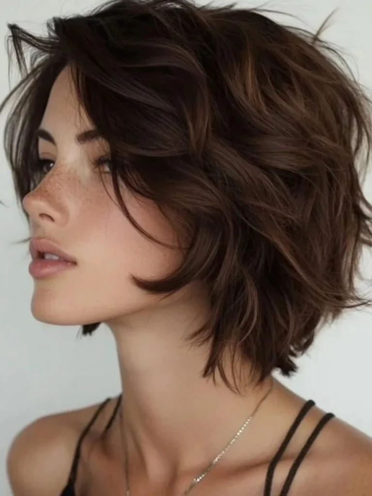 Dark Chocolate Textured Bob Shag with Side Bangs