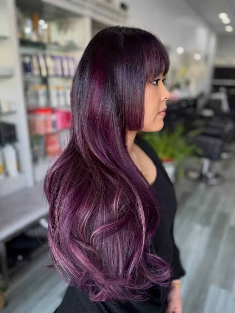 Dark Plum Purple Balayage with Blunt Bangs