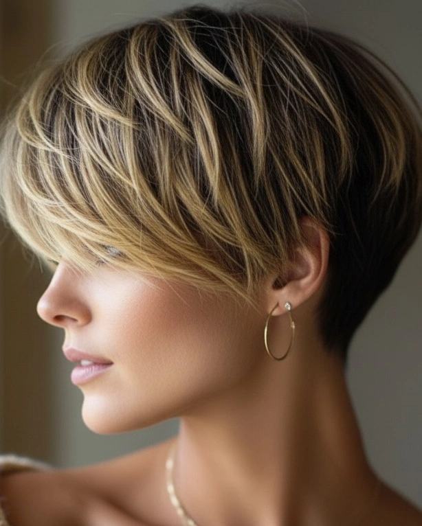 Dark Root Blonde Pixie Bob with Curtain Bang