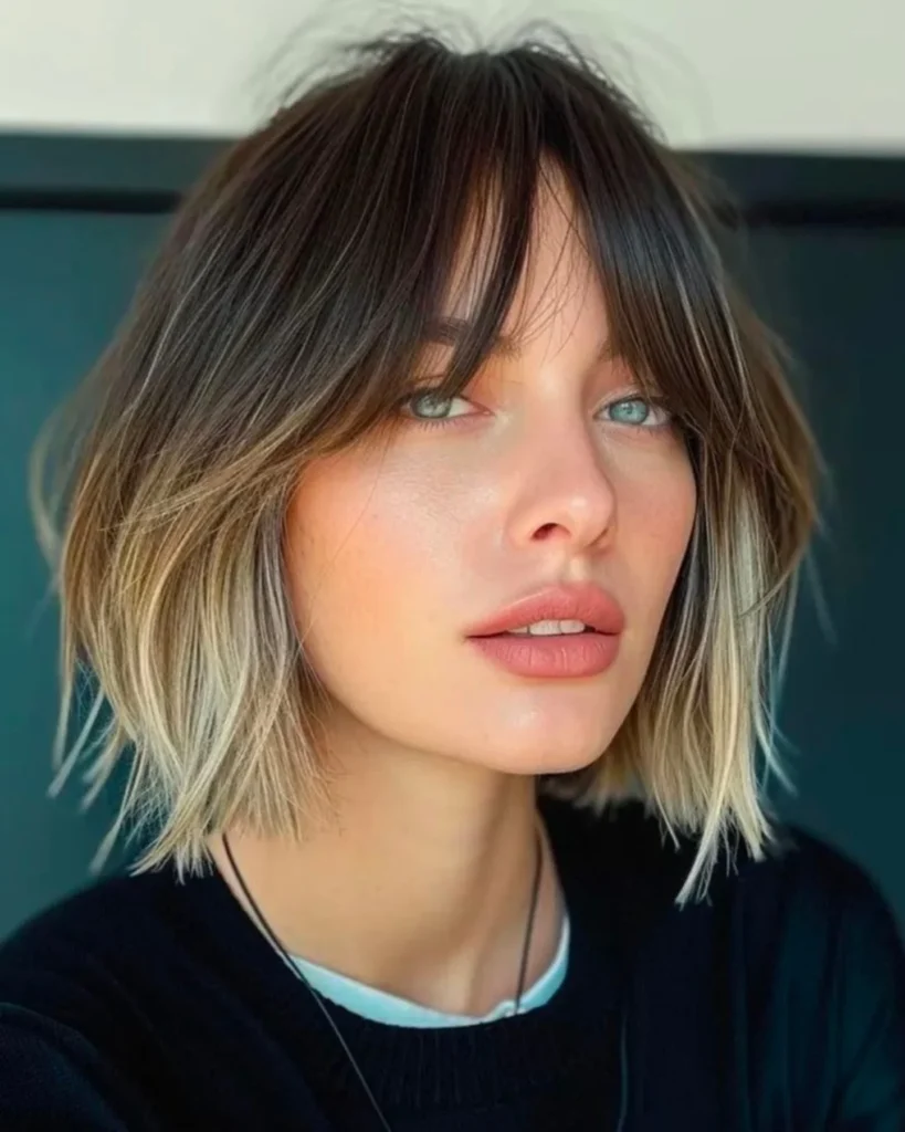 Dark Root Ombre Bob with Wispy Curtain Bangs