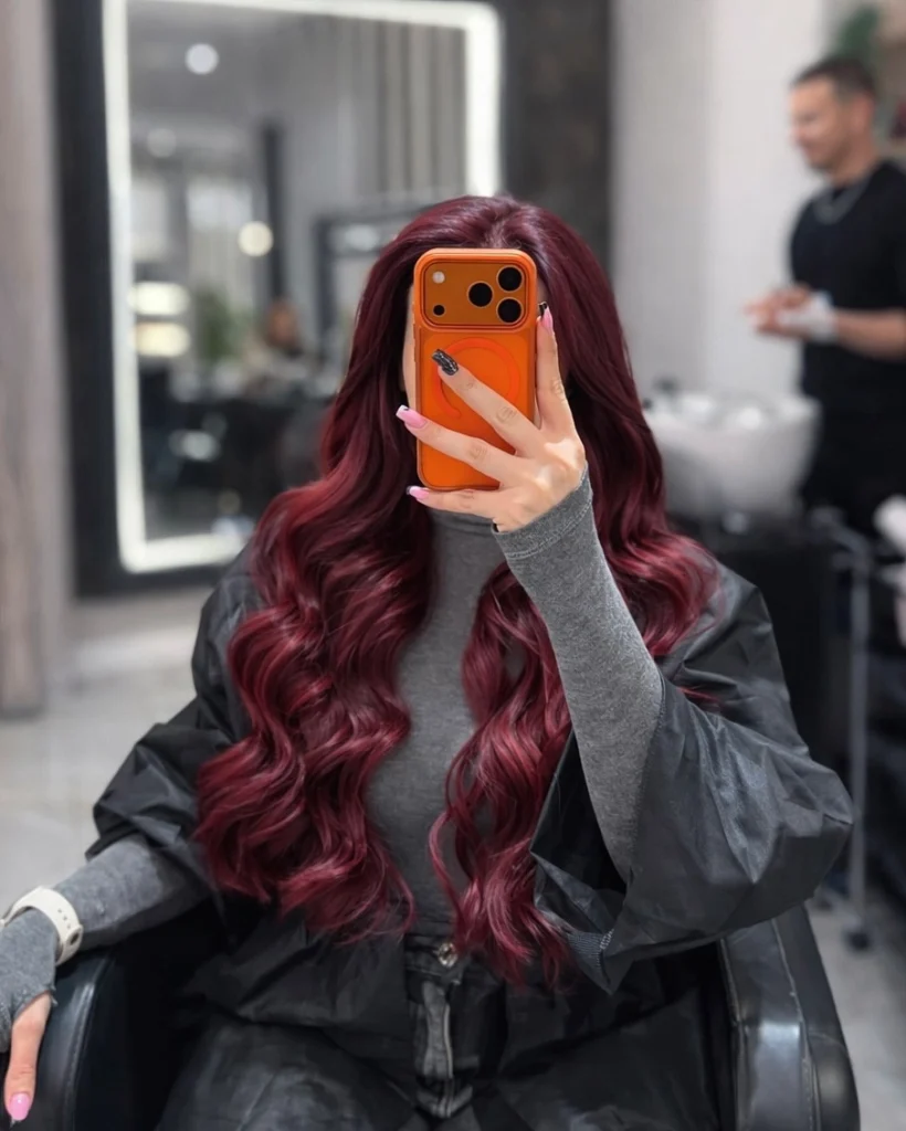 Deep Burgundy Red Long Waves with Dark Roots